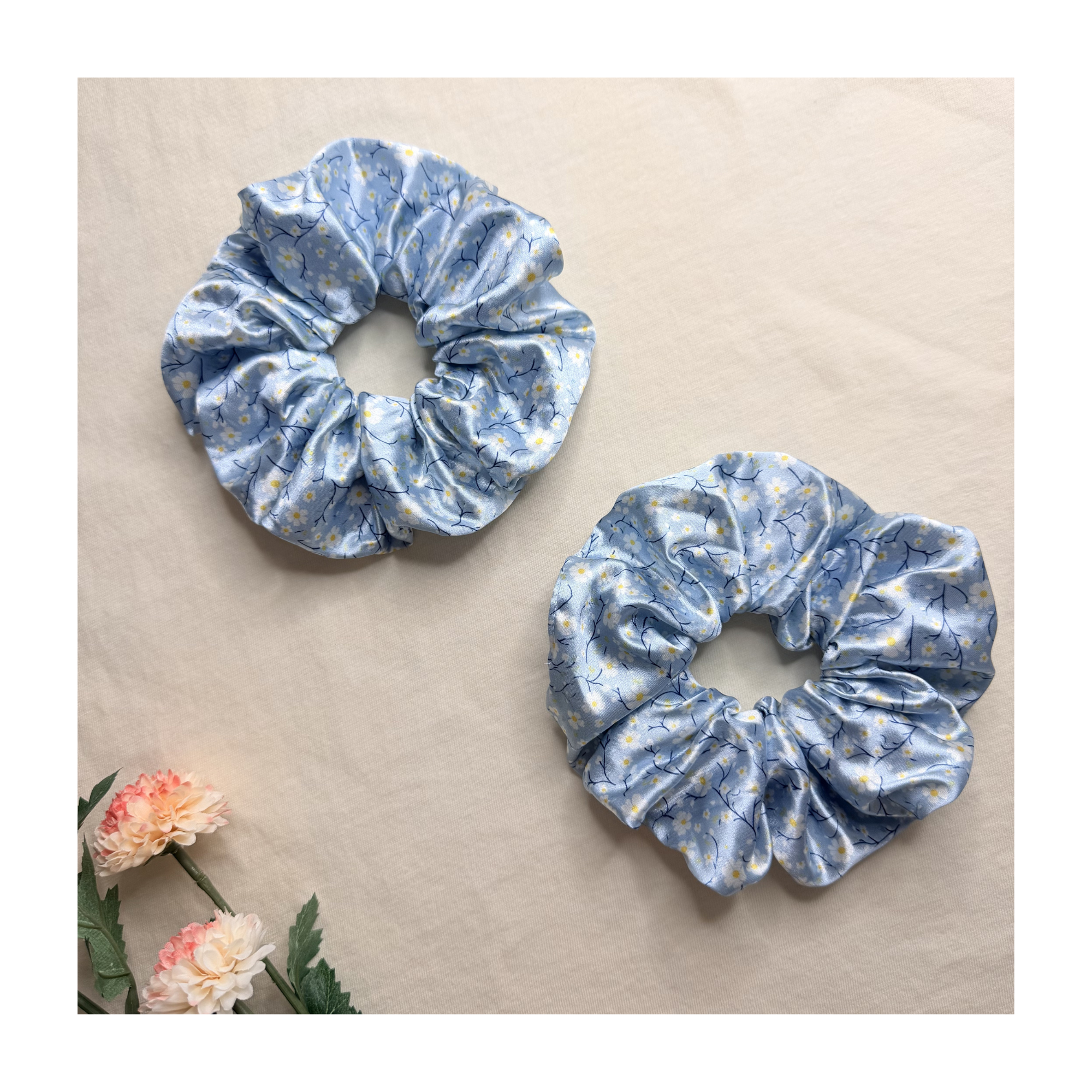 Blue Floral Large Satin Scrunchies