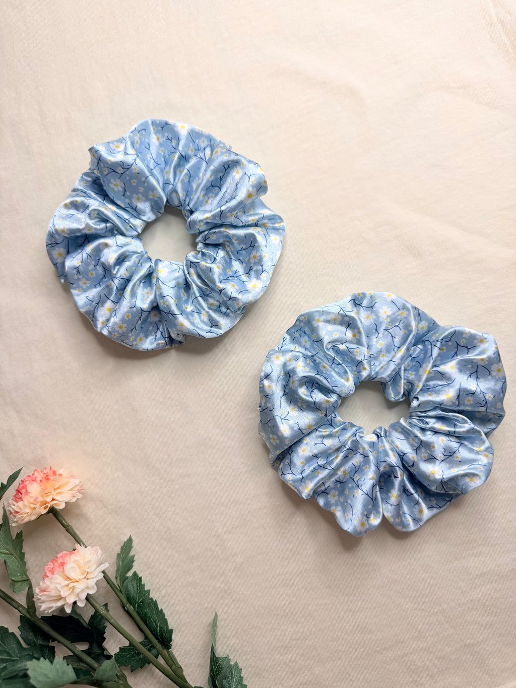 Blue Floral Large Satin Scrunchies